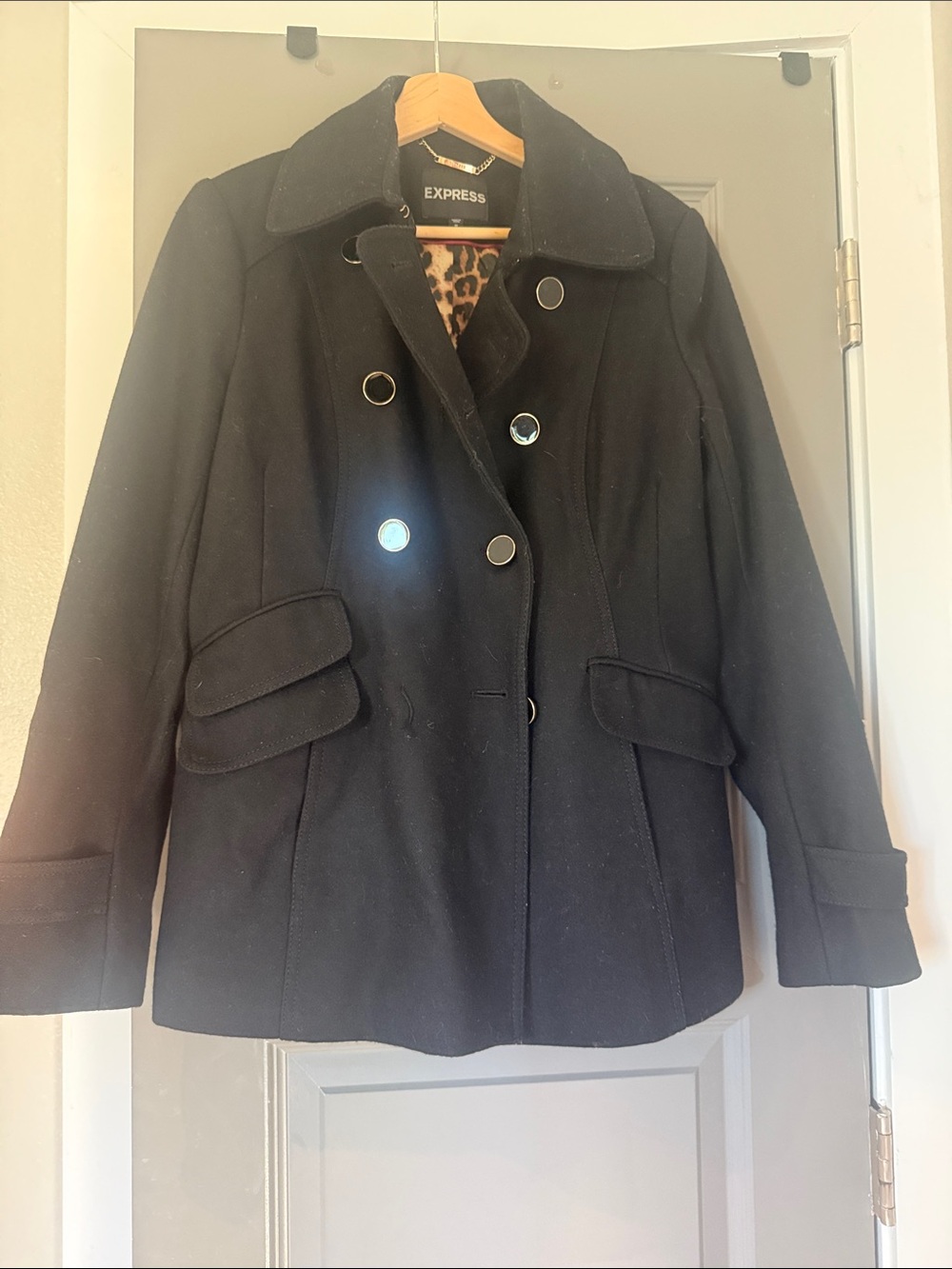 Express Black Double-Breasted Peacoat with Leopard Lining